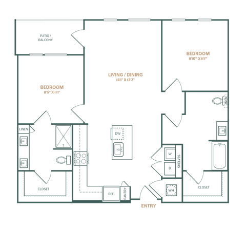 Floor plan for 2 beds, 2 baths, 1114 sqft